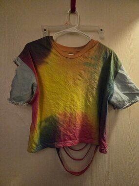 Tie dye shirt with denim distressed sleeves